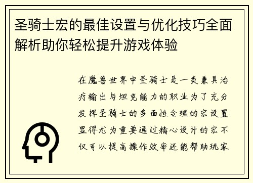 圣骑士宏的最佳设置与优化技巧全面解析助你轻松提升游戏体验